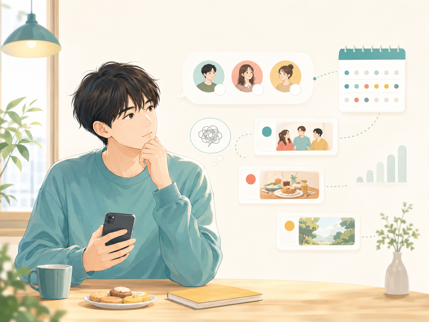 スマートフォンを持ちながら、友達を誘うか迷い、予定やカレンダーを思い浮かべる若者のイラスト