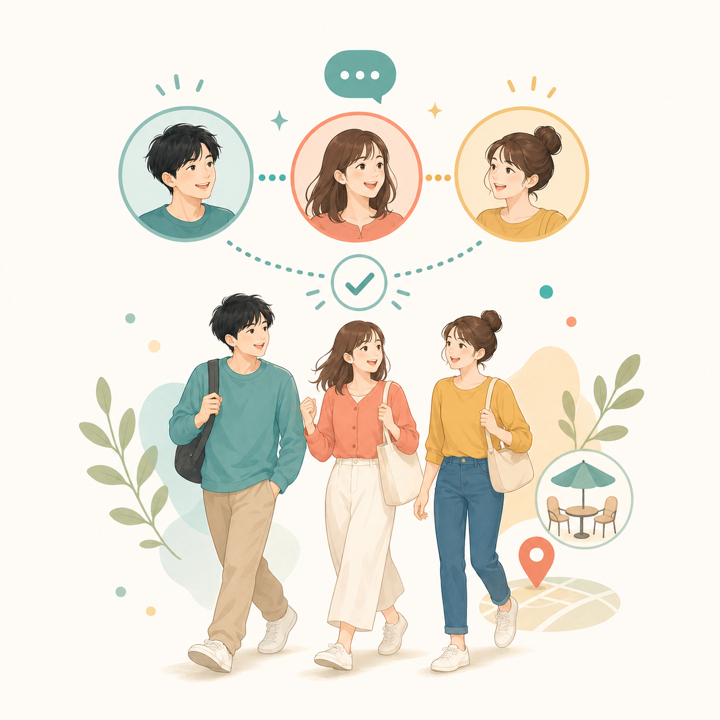 友達とマッチして遊びに向かうイラスト